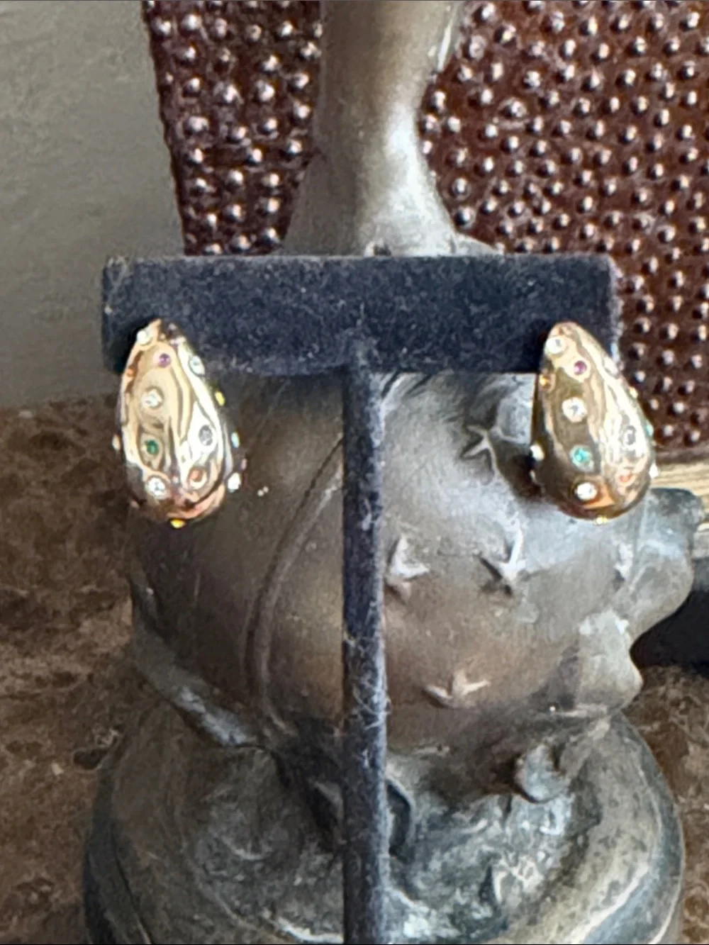 Gold tone pierced Earrings Multicolor Stones inlaid really beautiful in person